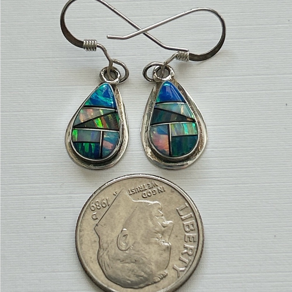Signed Southwestern Opal Inlay Sterling Silver Teardrop Earrings - Picture 9 of 10